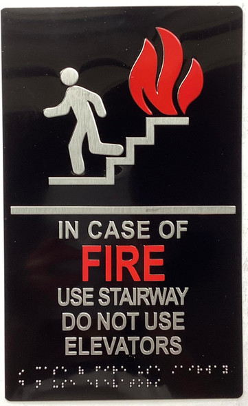 IN CASE OF FIRE USE STAIRWAY DO NOT USE ELEVATOR SIGN Raised letters & Grade 2 Braille - Includes Red Adhesive pad for Easy Installation - The Sensation line