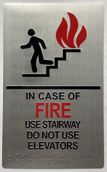 IN CASE OF FIRE USE STAIRWAY DO NOT USE ELEVATOR  Raised letters , Raised Image & Grade 2 Braille - Includes Red Adhesive pad for Easy Installation - The Sensation line