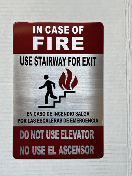 IN CASE OF FIRE USE STAIRWAY FOR EXIT SIGN ENGLISH SPANISH