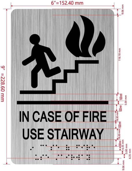 IN CASE OF FIRE USE STAIRWAY sign with Raised letters/Image & Grade 2 Braille - Includes Red Adhesive pad for Easy Installation - The park Ave Line