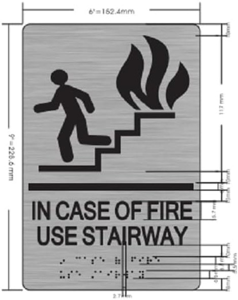 IN CASE OF FIRE USE STAIRWAY sign with Raised letters/Image & Grade 2 Braille - Includes Red Adhesive pad for Easy Installation - The sensation line