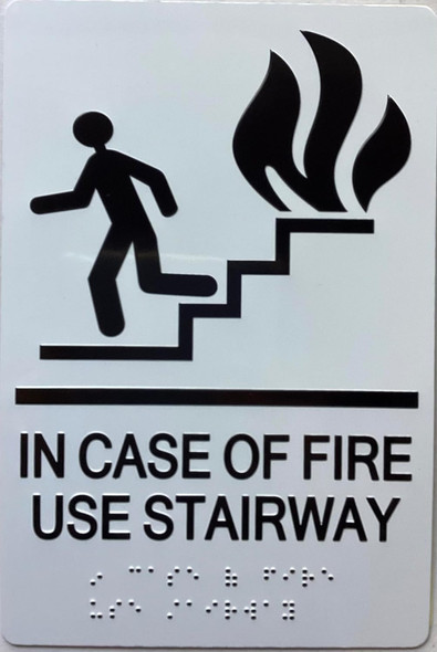 IN CASE OF FIRE USE STAIRWAY  with Raised letters/Image & Grade 2 Braille - Includes Red Adhesive pad for Easy Installation - The sensation line