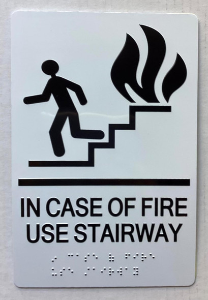 IN CASE OF FIRE USE STAIRWAY sign with Raised letters/Image & Grade 2 Braille - Includes Red Adhesive pad for Easy Installation - The sensation line