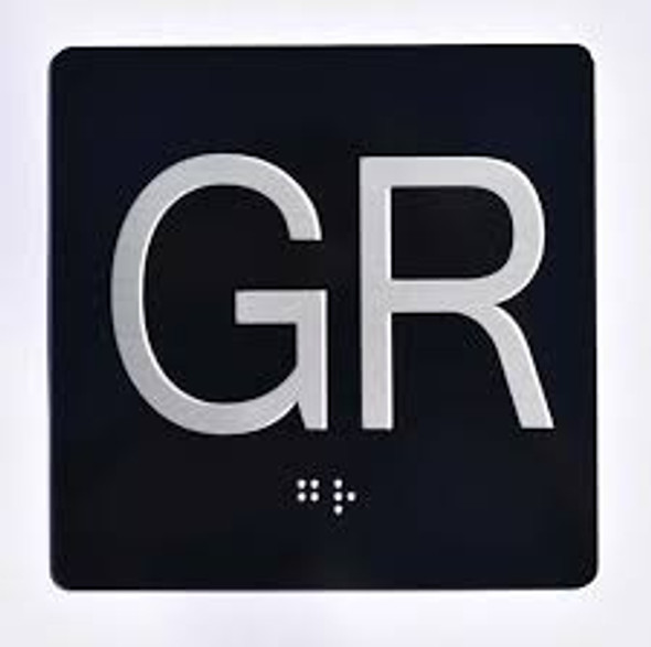 Floor GR (Ground Floor) - Elevator floor number Jamb Plate sign with braille and raised letter size 4x4 inch -The sensation line ( Black/silver )