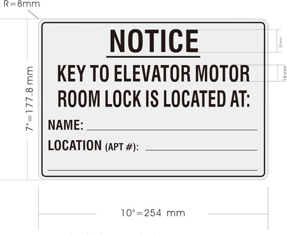 Notice Key to the elevator Motor room sign Brushed Silver Aluminum Wall Mount  Rust-Free, Durable  Double-Sided Tape I Easy Installation