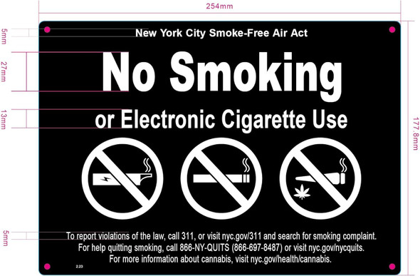 NYC smoke free air act No smoking or electronic cigarette use sign