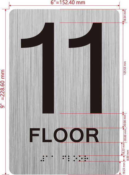 11th floor  with Raised letters/Image & Grade 2 Braille - Includes Red Adhesive pad for Easy Installation - The park Ave Line