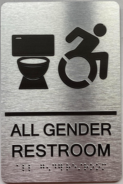 Restroom / Unisex ADA Compliant  with Raised letters/Image & Grade 2 Braille - Includes Red Adhesive pad for Easy Installation - The park Ave Line (ALL Gender Accessible)