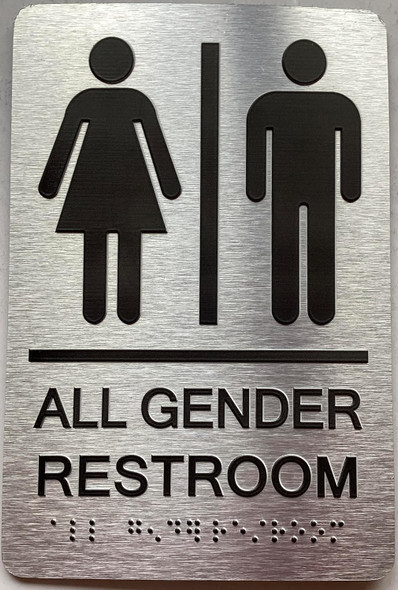 Restroom / Unisex ADA Compliant  with Raised letters/Image & Grade 2 Braille - Includes Red Adhesive pad for Easy Installation - The park Ave Line (All Gender Restroom)