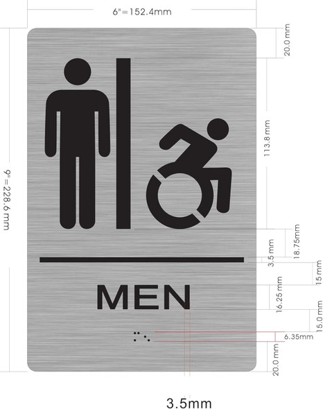 RESTROOM SIGN Tactile Graphics Grade 2 Braille Text with raised letters aluminum, Safety Sign for Office, school Hospital,brush SILVER