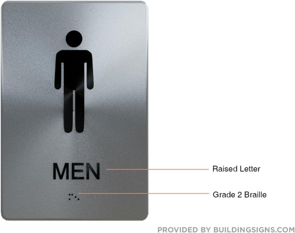 RESTROOM SIGN Tactile Graphics Grade 2 Braille Text with raised letters aluminum, Safety Sign for Office, school Hospital,brush SILVER