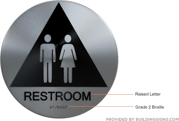 RESTROOM SIGN Tactile Graphics Grade 2 Braille Text with raised letters aluminum, Safety Sign for Office, school Hospital,brush SILVER
