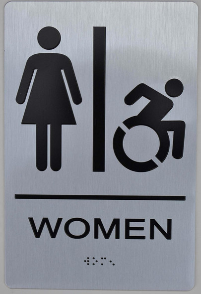 RESTROOM  Tactile Graphics Grade 2 Braille Text with raised letters aluminum, Safety  for Office, school Hospital,brush SILVER