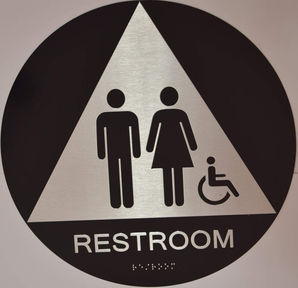 RESTROOM SIGN Tactile Graphics Grade 2 Braille Text with raised letters, Material: Aluminium, Safety Sign for Office, school Hospital,brush BLACK