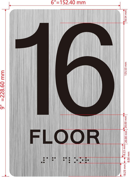 16th floor  with Raised letters/Image & Grade 2 Braille - Includes Red Adhesive pad for Easy Installation - The park Ave Line