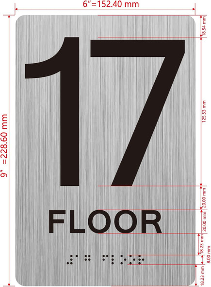 17 th floor  with Raised letters/Image & Grade 2 Braille - Includes Red Adhesive pad for Easy Installation - The park Ave Line
