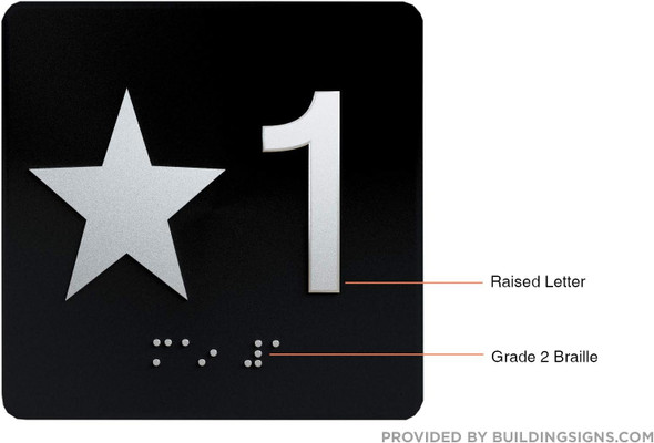 STAR 1 - Elevator Jamb Plate  Signage With Braille and raised number-Elevator floor number  Signage letters/Image & Grade 2 Braille - Includes Red Adhesive pad for Easy Installation - The Sensation line