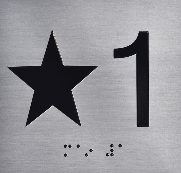 Star 1 Elevator Jamb Plate Sign With Raised Letters & Grade 2 Braille - Includes Red Adhesive Pad For Easy Installation - The Sensation Line