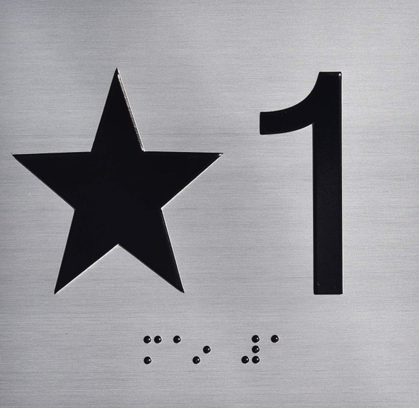 Star 1 Elevator Jamb Plate  Signage With Raised Letters & Grade 2 Braille - Includes Red Adhesive Pad For Easy Installation - The Sensation Line