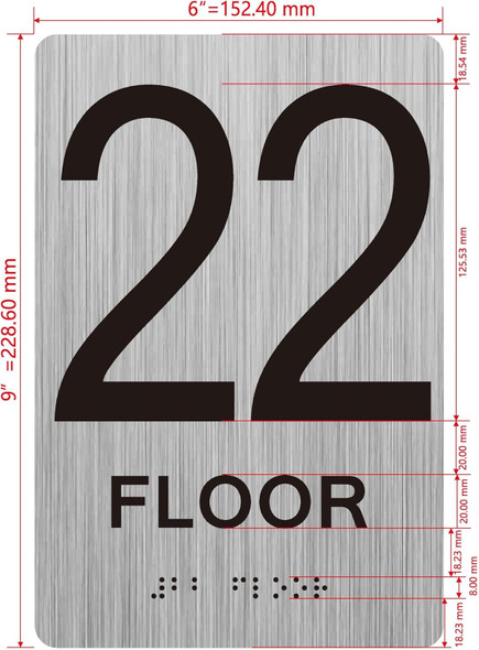 22th floor  with Raised letters/Image & Grade 2 Braille - Includes Red Adhesive pad for Easy Installation - The park Ave Line
