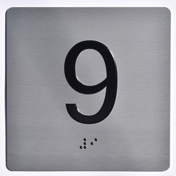 Floor 9- Elevator floor number Jamb Plate sign with braille and raised letter size 4x4 inch -The sensation line ( silver/black)