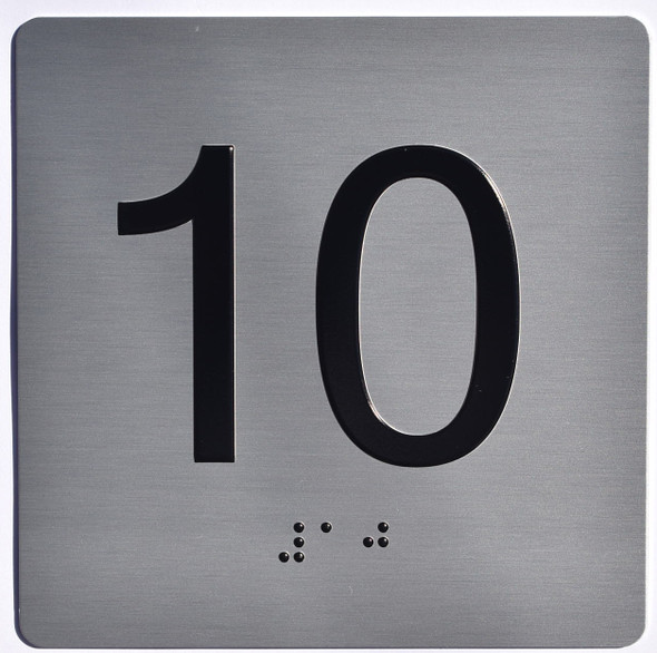 Floor 10- Elevator floor number Jamb Plate sign with braille and raised letter size 4x4 inch -The sensation line ( silver/black)