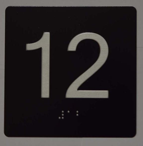 Floor 12- Elevator floor number Jamb Plate sign with braille and raised letter size 4x4 inch -The sensation line ( Black/silver )