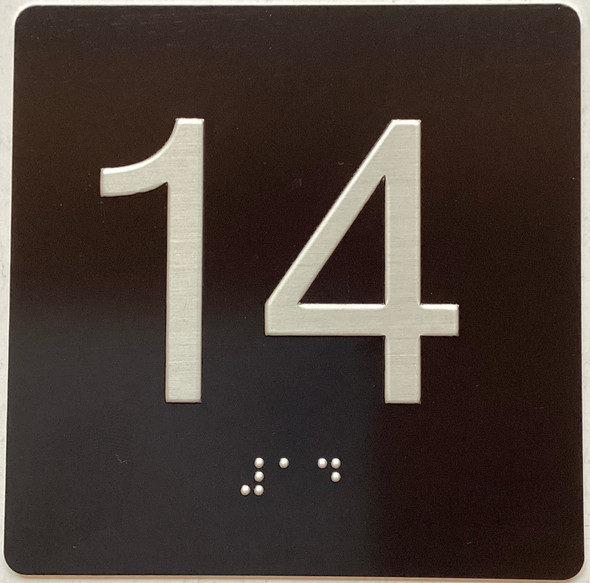Floor 14- Elevator floor number Jamb Plate sign with braille and raised letter size 4x4 inch -The sensation line ( Black/silver )