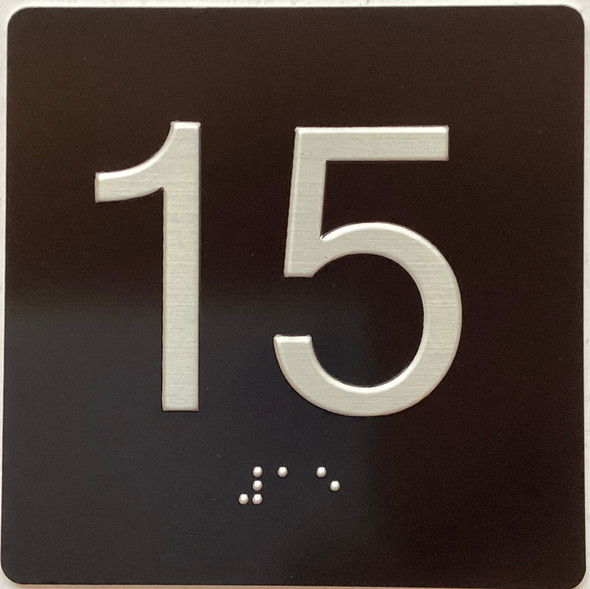 Floor 15- Elevator floor number Jamb Plate sign with braille and raised letter size 4x4 inch -The sensation line ( Black/silver )