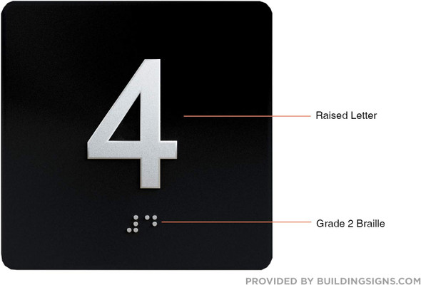 4TH floor Elevator Jamb Plate  With Braille and raised number-Elevator floor number  letters/Image & Grade 2 Braille - Includes Red Adhesive pad for Easy Installation - The Sensation line Sign