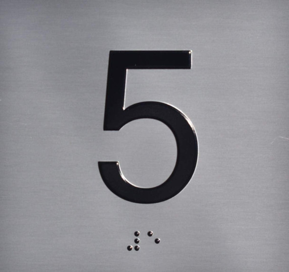 5TH Floor Elevator Jamb Plate  - floor 5 elevator floor  with raised letters & Grade 2 Braille - Includes Red Adhesive pad for Easy Installation - The Sensation line Sign