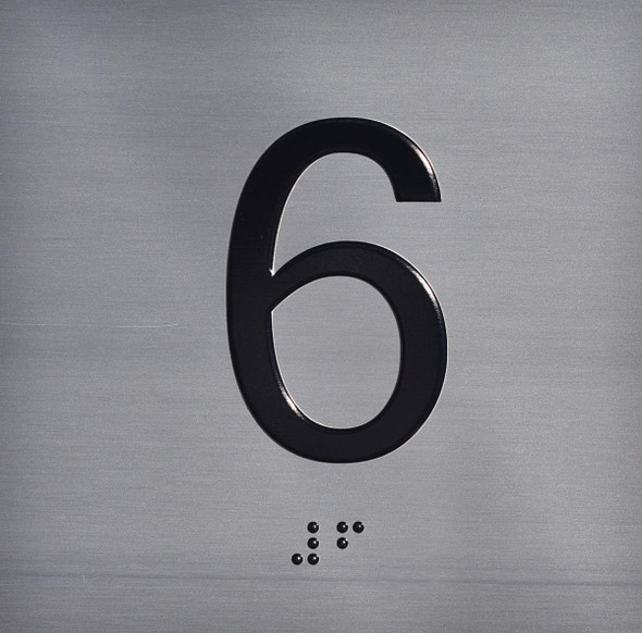 6TH Floor Elevator Jamb Plate  With Braille and raised number-Elevator floor number  letters & Grade 2 Braille - Includes Red Adhesive pad for Easy Installation - The Sensation line