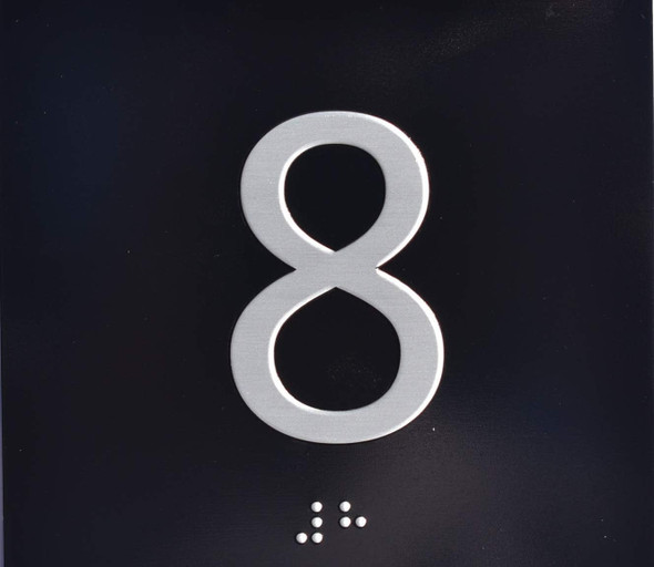 8Th Floor Elevator Jamb Plate  With Braille And Raised Number-Elevator Floor Number  Letters/Image & Grade 2 Braille - Includes Red Adhesive Pad For Easy Installation - The Sensation Line Sign