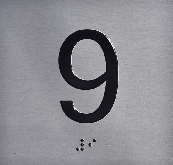 9TH Floor Elevator Jamb Plate  With Braille and raised number-Elevator floor number  letters & Grade 2 Braille - Includes Red Adhesive pad for Easy Installation - The Sensation line