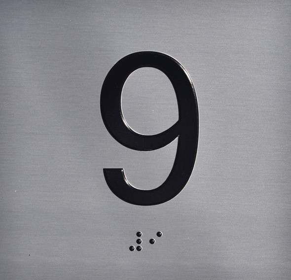 9TH Floor Elevator Jamb Plate  With Braille and raised number-Elevator floor number  letters & Grade 2 Braille - Includes Red Adhesive pad for Easy Installation - The Sensation line Sign