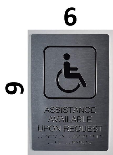 Assistance Available Upon Request Braille  with Raised Tactile Graphics and Letters - The Sensation line Sign