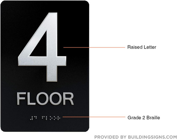 Black Floor number  -Tactile Graphics Grade 2 Braille Text with raised letters aluminum, Safety  for Office, school Hospital, Apartment BLACK (4th Floor ) (SENSATION LINE) Sign