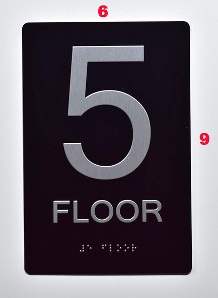 Black Floor number  -Tactile Graphics Grade 2 Braille Text with raised letters aluminum, Safety  for Office, school Hospital, Apartment BLACK (5th Floor ) Sign