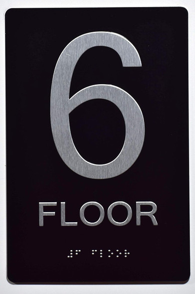 Black Floor number  -Tactile Graphics Grade 2 Braille Text with raised letters aluminum, Safety  for Office, school Hospital, Apartment BLACK (6th Floor ) (SENSATION LINE)
