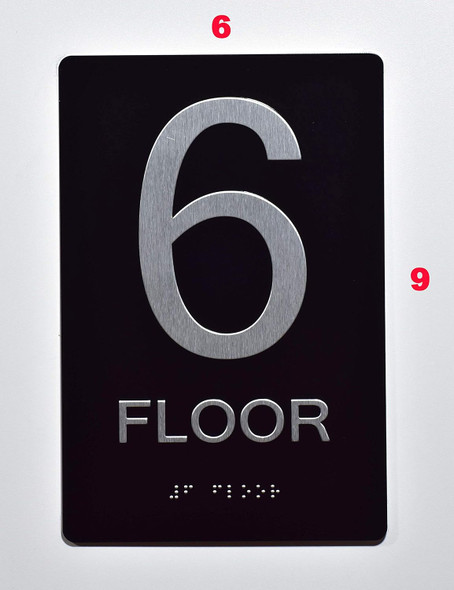 Black Floor number  -Tactile Graphics Grade 2 Braille Text with raised letters aluminum, Safety  for Office, school Hospital, Apartment BLACK (6th Floor ) (SENSATION LINE) Sign