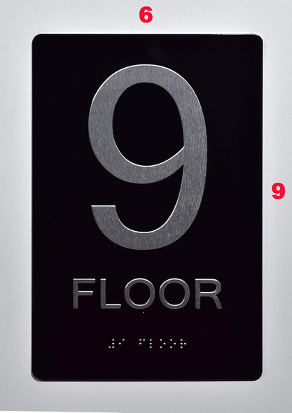 Black Floor number  -Tactile Graphics Grade 2 Braille Text with raised letters aluminum, Safety  for Office, school Hospital, Apartment BLACK (9th Floor ) Sign