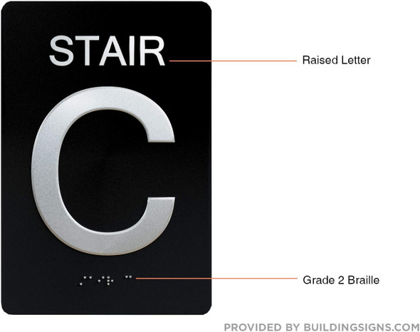 Black Floor number  -Tactile Graphics Grade 2 Braille Text with raised letters aluminum, Safety  for Office, school Hospital, Apartment BLACK (Stair C) Sign