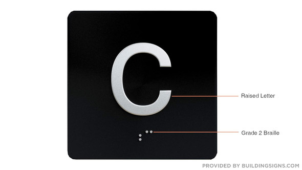 C Elevator Jamb Plate sign With Braille and raised number-Elevator floor number sign letters/Image & Grade 2 Braille - Includes Red Adhesive pad for Easy Installation-Tacticle Sign - The Sensation line