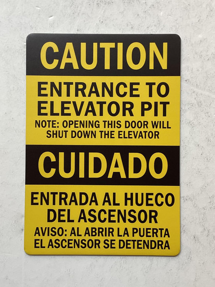 Caution Elevator pit sign english/spanish yellow Aluminum Wall Mount  Rust-Free, Durable  Double-Sided Tape I Easy Installation -7x10 Inch