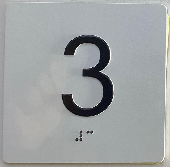 Elevator floor 3rd floor Sign/jamb plate floor 3 sign letters/Image & Grade 2 Braille - Includes Red Adhesive pad for Easy Installation - The Sensation line
