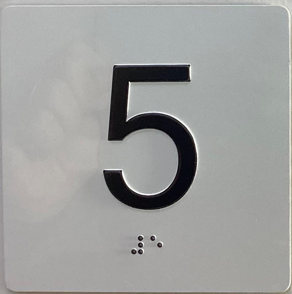 Elevator floor 5 /jamb plate floor 5  letters/Image & Grade 2 Braille - Includes Red Adhesive pad for Easy Installation - The Sensation line