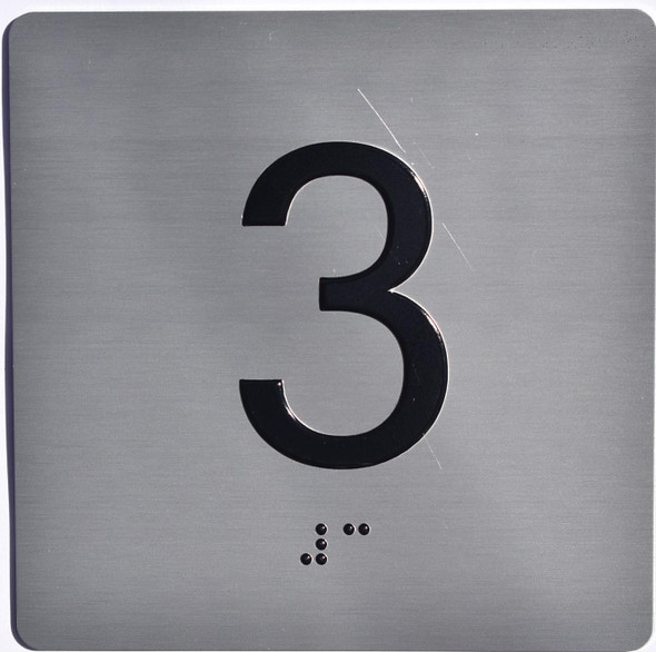 Elevator JAMB Plate with Braille - Elevator Floor Number Brush SILVER (3rd Floor )