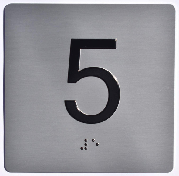 Elevator JAMB Plate with Braille - Elevator Floor Number Brush SILVER (5TH FLOOR)