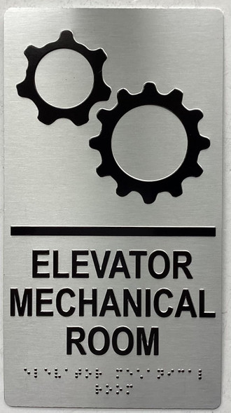 ELEVATOR MECHANICAL ROOM sign Raised letters, RAISED IMAGE & Grade 2 Braille - Includes Red Adhesive pad for Easy Installation - The Sensation line