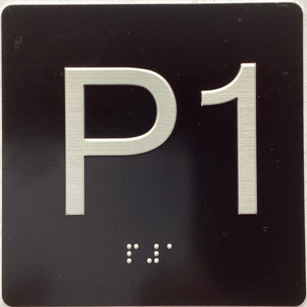 Floor P1 ( parking 1 )- Elevator floor number Jamb Plate sign with braille and raised letter size 4x4 inch -The sensation line ( Black/silver )